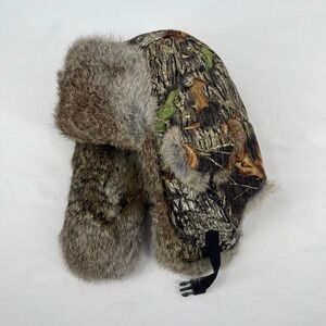 Y2K Mad Bomber Camo Rabbit Fur Trapper Hat Grunge Winter Utility Skate Scene Emo